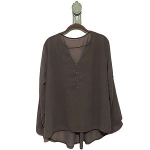 Sheer Flowy Blouse Taupe Mocha Gauzy Lagenlook Roll Tab Convertible Sleeve Brown
